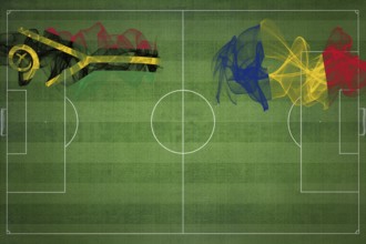 Vanuatu vs Romania Soccer Match, national colors, national flags, soccer field, football game,