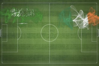 Saudi Arabia vs Ireland Soccer Match, national colors, national flags, soccer field, football game,