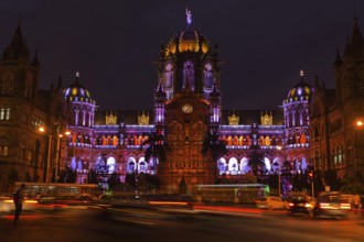 Illuminated chhatrapati shivaji terminus, mumbai, maharashtra, india, asia