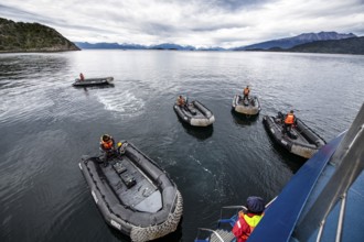 Expedition trip with Zodiacs, Wulaia Bay, Beagle Street, Ushuaia, Tierra del Fuego, Patagonia,