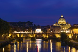 Sunset view of St. Peter's Basilica, Ponte Sant'Angelo, and Tiber River in Rome, Italy, Europe
