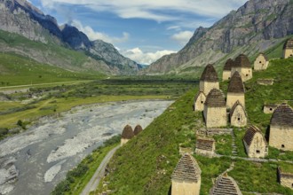 Dead Town Dargavs In North Ossetia. The ancient cemetery of the Alans. Many small stone mausoleums,