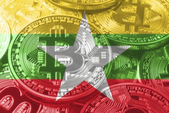 Myanmar bitcoin flag, national flag cryptocurrency concept black background