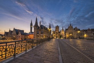 Ghent Belgium, city skyline night at St Michael's Bridge (Sint-Michielsbrug) with Leie River and