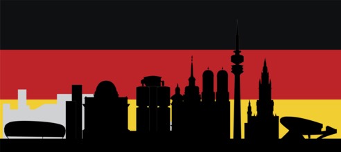 Illustration of the german city munchen in black and white drawing with flag