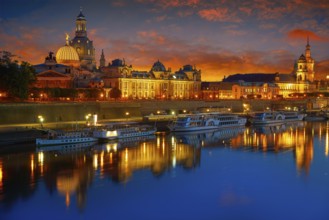 Dresden sunset skyline reflecion in Elbe river in Saxony of Germany