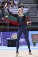 Sofia, Bulgaria - 1 April, 2018: Olena Diachenko Ukraine performs with clubs during Rhythmic