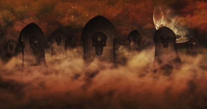 Cemetery At Night With Tombstones With Skulls And Burning Sky Full Of Clouds and Stars in The