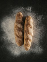 Two whole homemade buckwheat loaf bread with buckwheat flour on black textured background. Top view