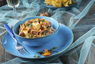 Pappardelle with cheese sauce and fresh chanterelles