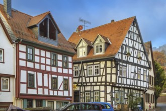 Street with historic half-timbered houses in Gelnhausen, Germany, Europe