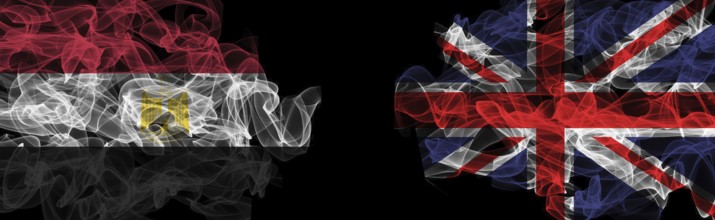 Flags of Egypt and United Kingdom on Black background, Egypt vs United Kingdom Smoke Flags