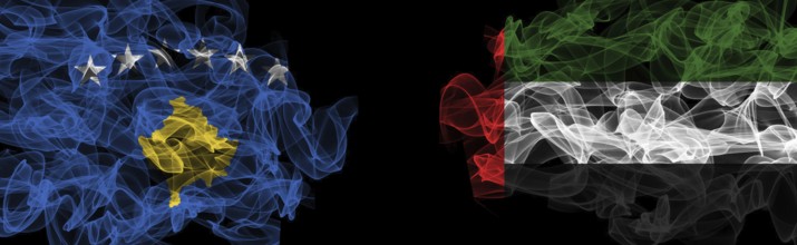 Flags of Kosovo and UAE on Black background, Kosovo vs United Arab Emirates Smoke Flags