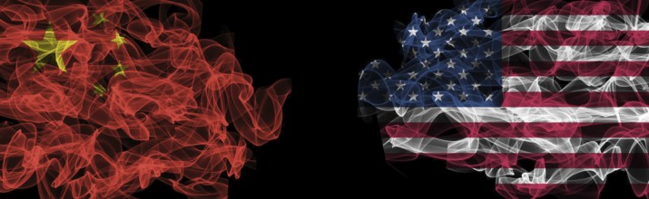 Flags of China and USA on Black background, China vs USA Smoke Flags