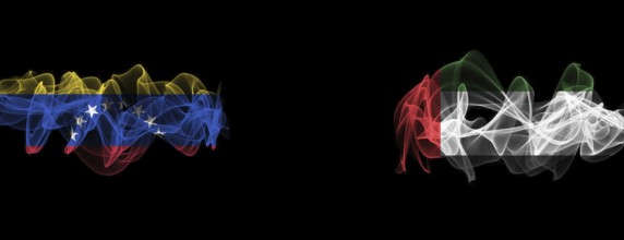Flags of Venezuela and UAE on Black background, Venezuela vs United Arab Emirates Smoke Flags