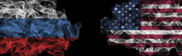 Flags of Russia and USA on Black background, Russia vs USA Smoke Flags