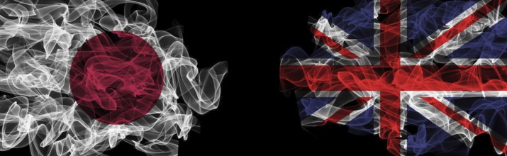 Flags of Japan and United Kingdom on Black background, Japan vs United Kingdom Smoke Flags