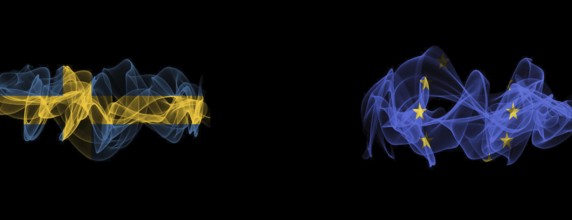 Flags of Sweden and EU on Black background, Sweden vs Europe Union Smoke Flags