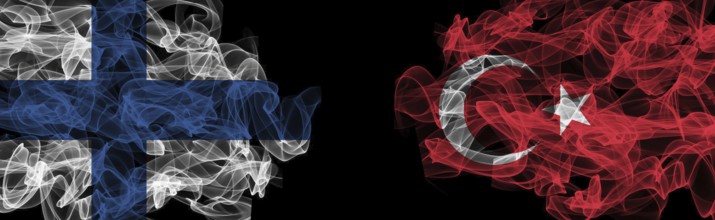 Flags of Finland and Turkey on Black background, Finland vs Turkey Smoke Flags