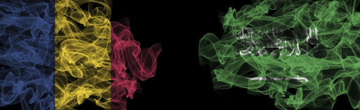 Flags of Romania and Saudi Arabia on Black background, Romania vs Saudi Arabia Smoke Flags