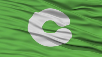 Closeup of Kumamoto Flag, Capital of Japan Prefecture, Waving in the Wind, High Resolution