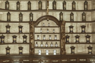 Interior of an Medieval Drugstore. Retro Stylized Image Szekesfehervar, Hungary, Europe
