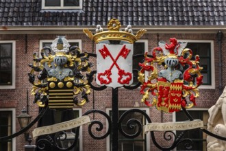 Leiden, Netherlands, April 7, 2016: Coat of arms with red keys at the entrance gate of Castle