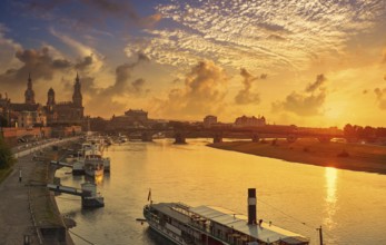 Dresden skyline reflecion in Elbe river at sunset in Saxony of Germany