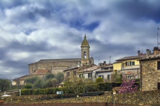 View of Montalcino with historical church, Italy, Europe