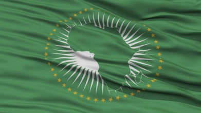 Nahaufnahme der Flagge der Afrikanischen Union, die im Wind weht, hohe Auflösung