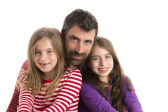 Happy family beard father and two kid daughters blue eyes on white background