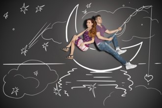 Happy valentines love story concept of a romantic couple fishing on a moon with a heart on a hook
