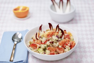 Quinoa salad with blood oranges, radiccio, cucumber and olives