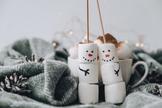 Two happy funny marshmallow snowmen. Marshmallow friends. Diy. Sweet treat for kids funny