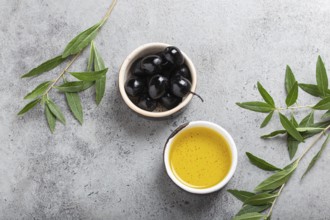 Black olives and extra virgin olive oil in little bowl with olive tree branches top view on gray
