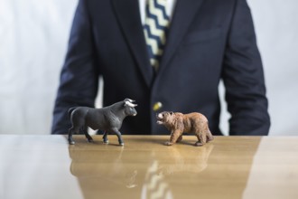 Stock market, securities trading and capitalism concept with a bull and bear concepts. Business