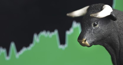 Stock price rise with green chart bullish top in background and bull in front. Market trend concept