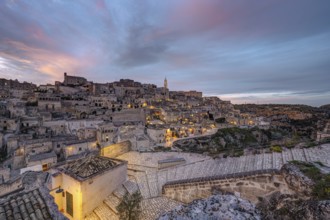 The historic old town centre of Matera in southern Italy at dusk
