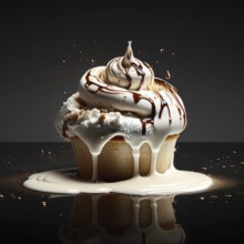 Illustrated 3d cinnabon roll on blue background, melting icing