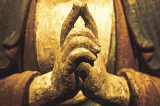 Buddha Statue, Concept of Zen, Spirituality, Peace. Hands gesture, texture light