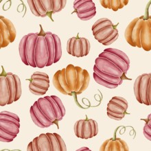 Orange and pink hand drawn watercolor pumpkins on yellow, seamless repeating surface pattern design