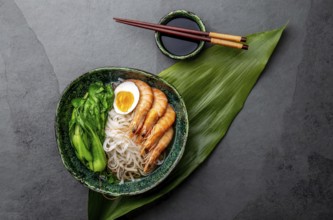 Food, Asian rice noodles with shrimps on gray background