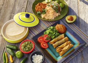 Mexican carnitas tacos with flautas from Mexico food ingredients