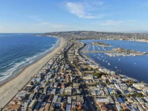 Aerial view of Mission Bay and Beaches in San Diego, California. USA. Community built on a sandbar