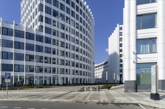 Moscow, Russia, July 18, 2021: Modern office building with arcuate facade. Ozerkovskaya embankment,