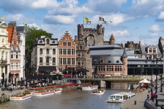 Boat cruise on river Leie in Ghent, Belgium, Europe