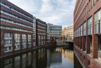 Hamburg, Germany, August 4, 2019: Scenic view of Bleichenfleet Canal in Hamburg view at sunset,
