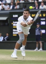 Serbian tennis player Novak Djokovic in action at the 2024 Wimbledon Championships, London,