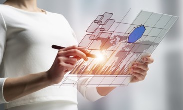 Woman hand touching virtual screen with pen. Online project management and financial diagrams