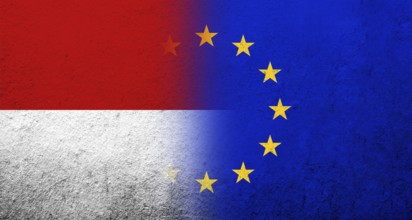 Flag of the European Union with Indonesia National flag. Grunge background